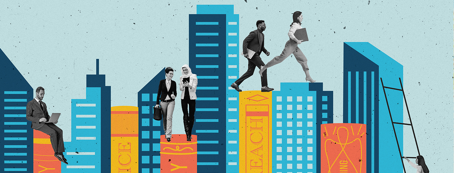 people walking across downtown city buildings